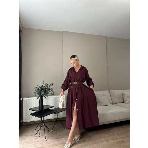 Kadın Kemer Detaylı Gömlek Elbise Bordo