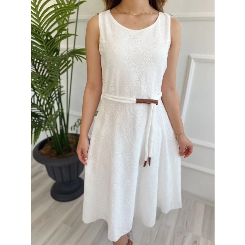 Kadın Kemerli Fisto Elbise Ekru