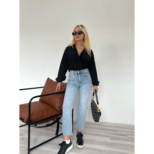 Kadın Kesik Paça Boyfit Jean Mavi