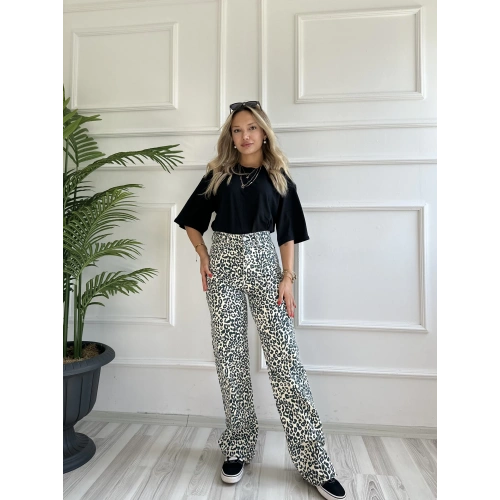Kadın Kesik Paça Leopar Palazzo Jean
