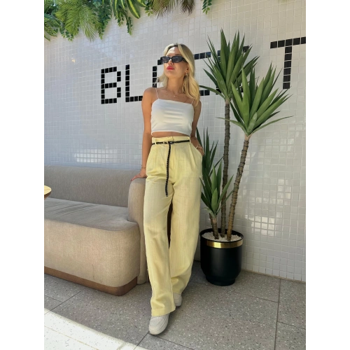 Kadın Keten Kemerli Pantolon Sarı