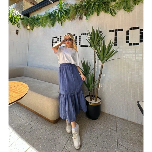 Kadın Lastikli Bel Detaylı Etek İndigo