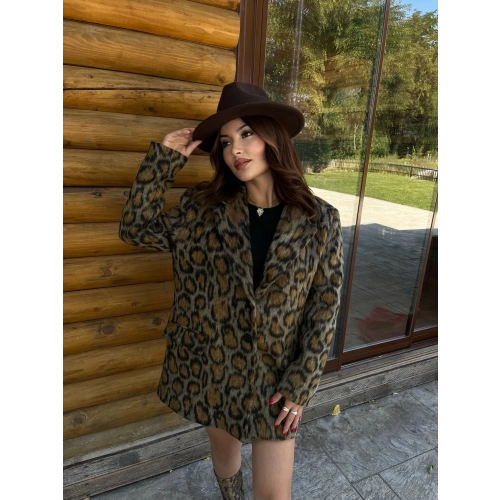 Kadın Leopar Desen Kaşe Ceket