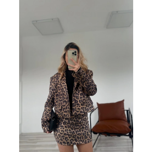 Kadın Leopar Etek Ceket Takım Kahverengi