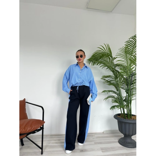 Kadın Mavi Çizgili Palazzo Pantolon Lacivert