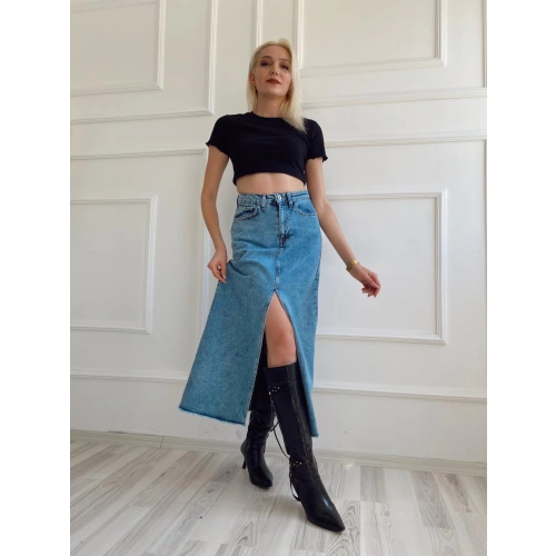 Kadın Önden Yırtmaçlı Denim Etek Buz Mavi