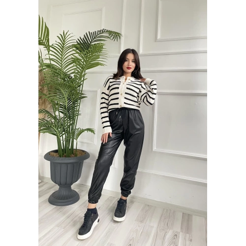 Kadın Pileli Lastikli Deri Pantolon Siyah