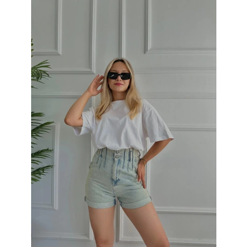 Kadın Plise Detaylı Kot Şort Buz Mavi