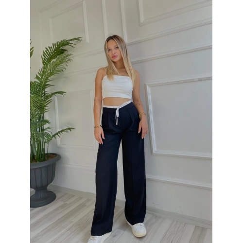 Kadın Poplin Detaylı Palazzo Pantolon Siyah