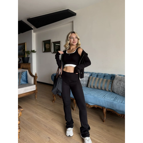 Kadın Siyah Kapüşonlu Sweat Crop Tayt Takım