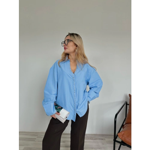 Kadın Taş Detaylı Poplin Gömlek Mavi