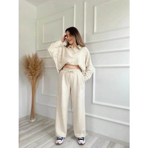 Kadın Taşlı Sweat Pantolon Takım Açık Vizon