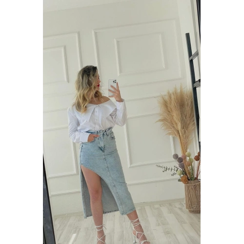 Kadın Taşlı Yırtmaç Detaylı Kot Etek Mavi