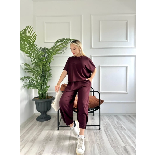 Kadın Tshirt Pantolon Takım Bordo
