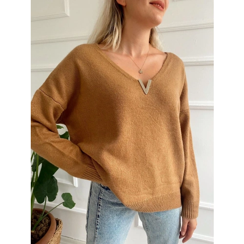 Kadın V Aksesuarlı Düz Kazak Camel