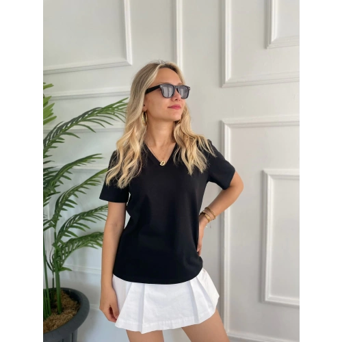 Kadın V Yaka Basic Tshirt Siyah