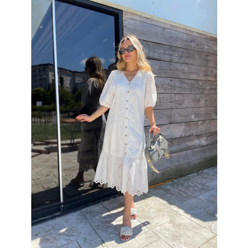 Kadın V Yaka Beyaz Fisto Elbise