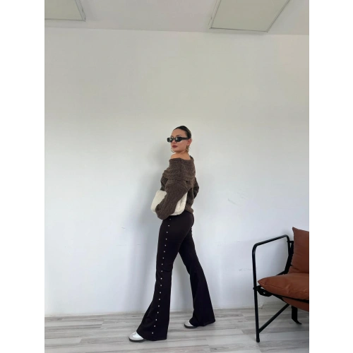 Kadın Yanı Zımba Detaylı İspanyol Paça Tayt Kahverengi