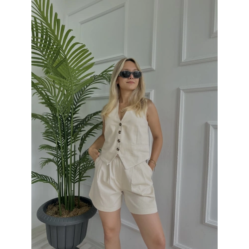 Kadın Yelek Şort İkili Takım Bej