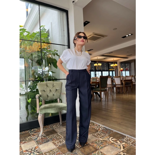 Kadın Yün Efekt Palazzo Pantolon Lacivert