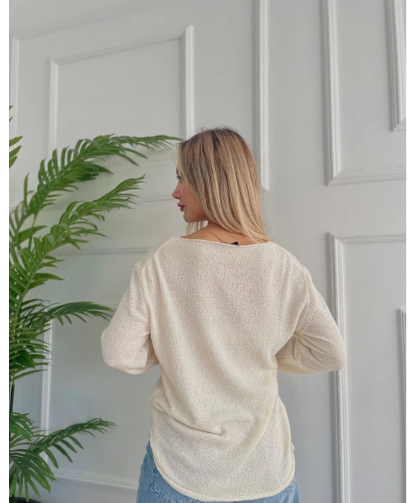 Kadın Açık Yaka Uzun Kol Triko Krem