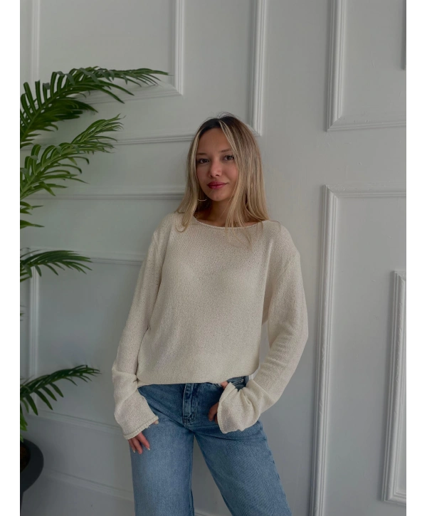 Kadın Açık Yaka Uzun Kol Triko Krem