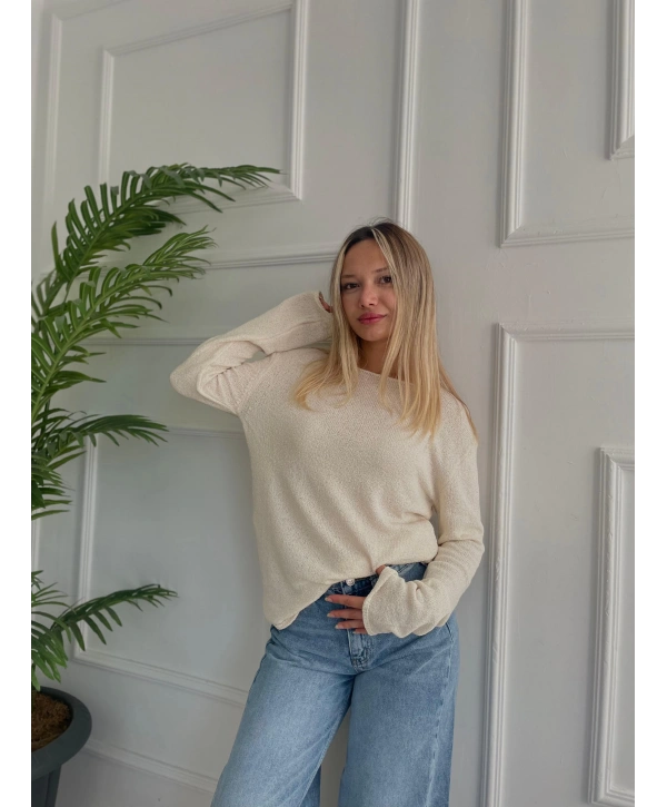 Kadın Açık Yaka Uzun Kol Triko Krem