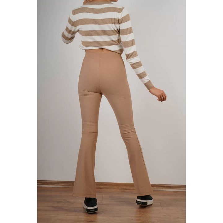 Kadın Paçası Yırtmaçlı Yüksek Bel Pantolon Camel