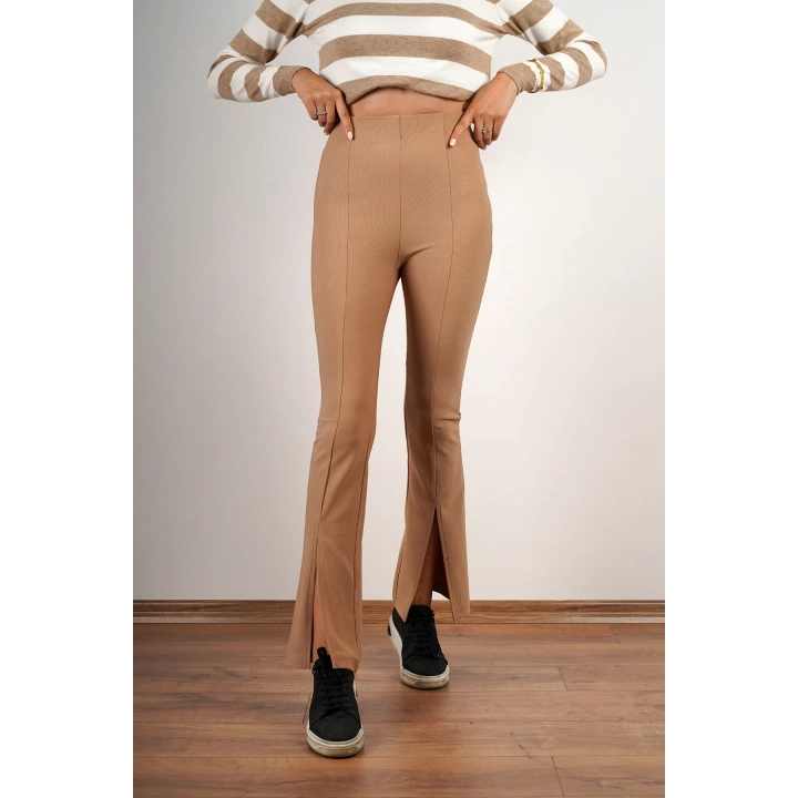 Kadın Paçası Yırtmaçlı Yüksek Bel Pantolon Camel