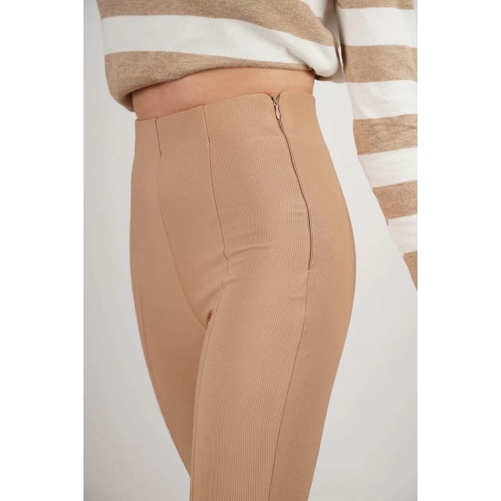 Kadın Paçası Yırtmaçlı Yüksek Bel Pantolon Camel
