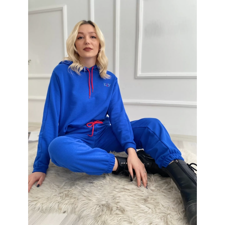 Kadın Kapüşonlu Paçası Lastikli Eşofman Takımı Saks Mavi