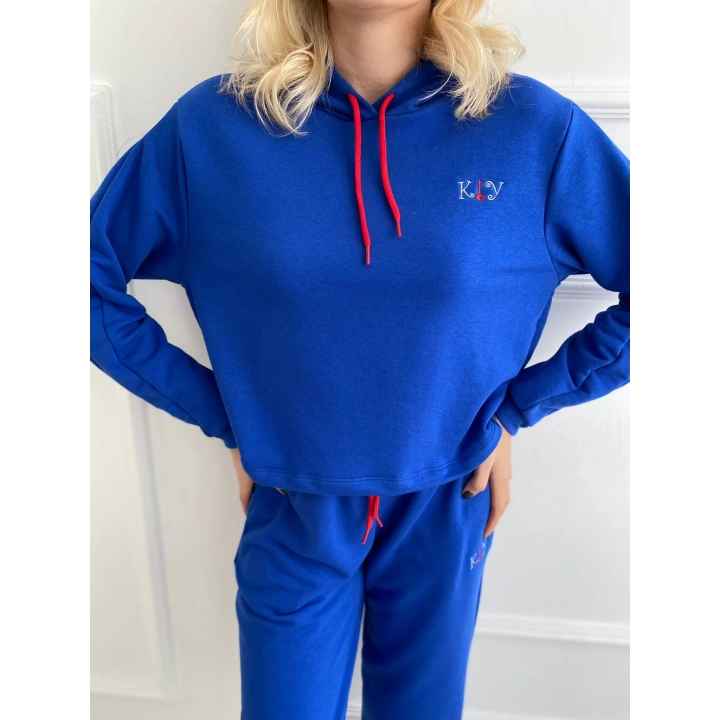 Kadın Kapüşonlu Paçası Lastikli Eşofman Takımı Saks Mavi