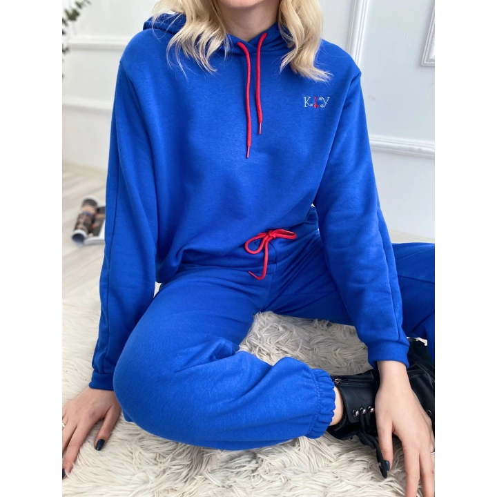 Kadın Kapüşonlu Paçası Lastikli Eşofman Takımı Saks Mavi