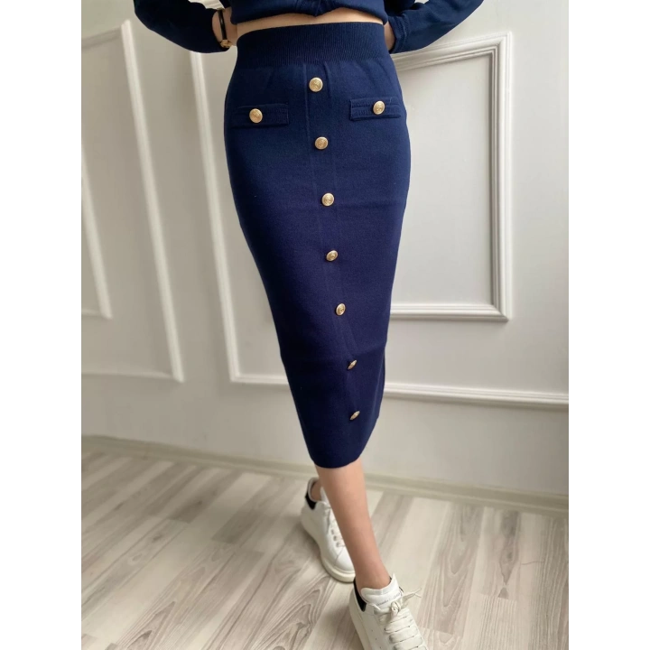 Kadın Bant Detaylı Düğmeli Etek-Hırka Takım Lacivert