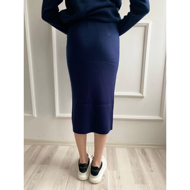 Kadın Bant Detaylı Düğmeli Etek-Hırka Takım Lacivert