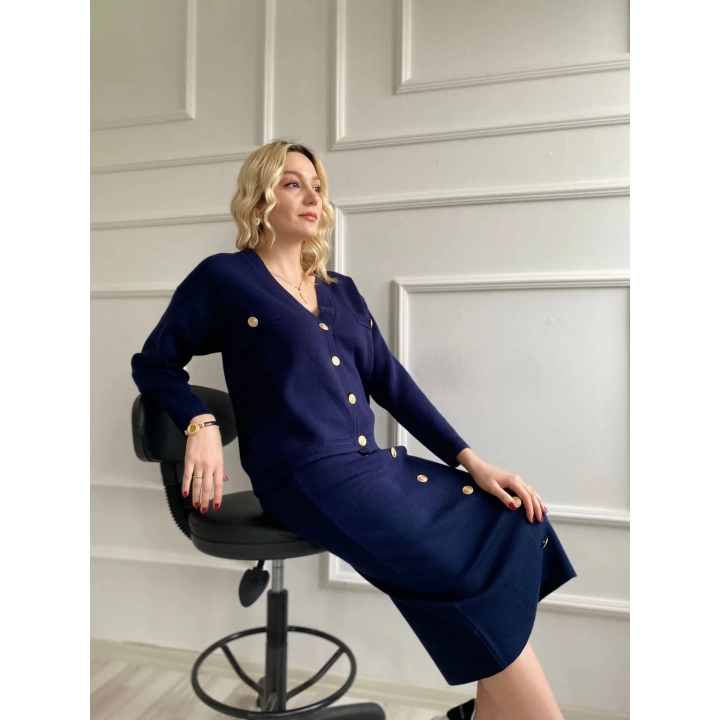 Kadın Bant Detaylı Düğmeli Etek-Hırka Takım Lacivert