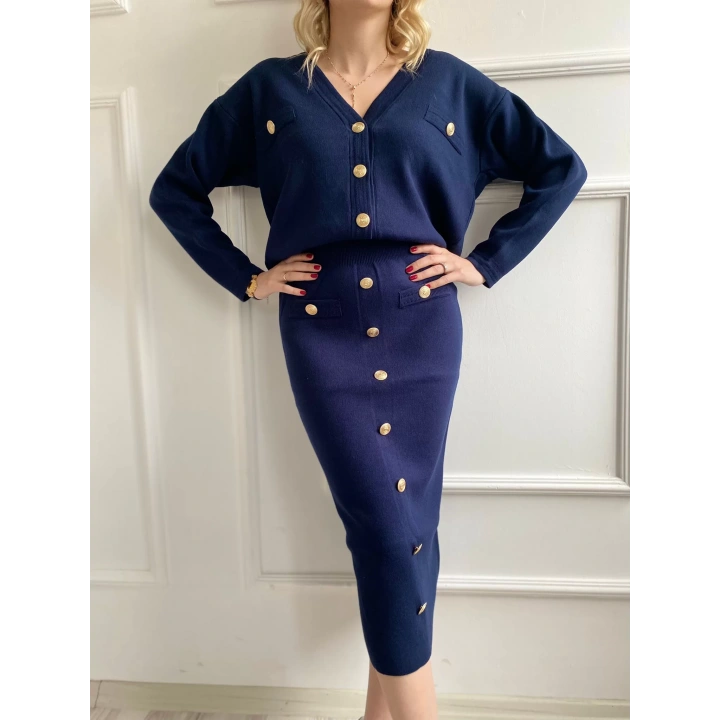 Kadın Bant Detaylı Düğmeli Etek-Hırka Takım Lacivert