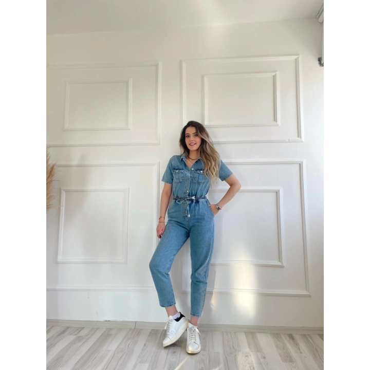 Kadın Bağcık Detaylı Kot Tulum Buz Mavi