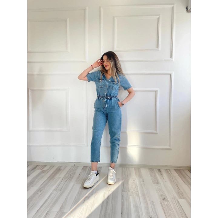 Kadın Bağcık Detaylı Kot Tulum Buz Mavi