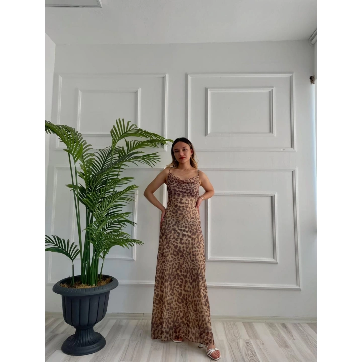 Kadın Leopar Desen Tül Elbise