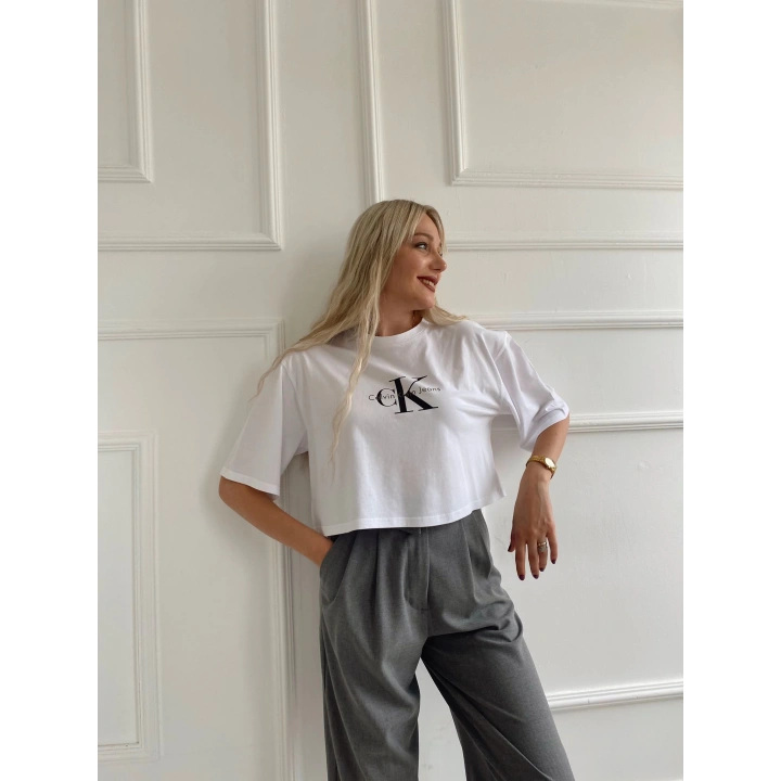 Kadın Oversize Crop Tişört Beyaz