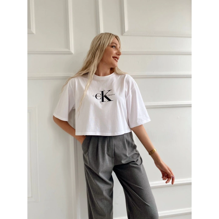 Kadın Oversize Crop Tişört Beyaz