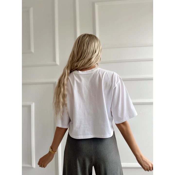 Kadın Oversize Crop Tişört Beyaz