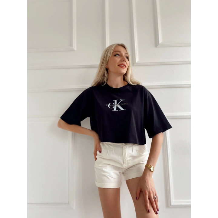 Kadın Oversize Crop Tişört Siyah