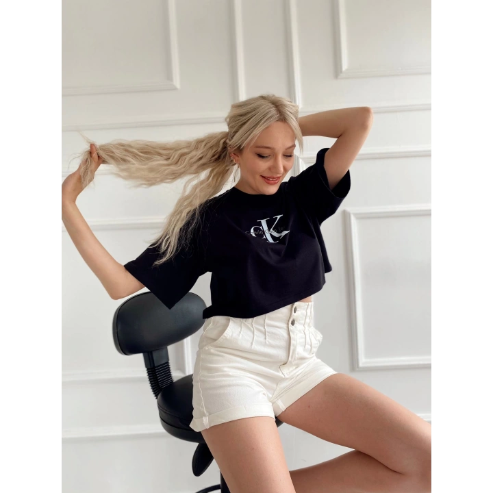 Kadın Oversize Crop Tişört Siyah
