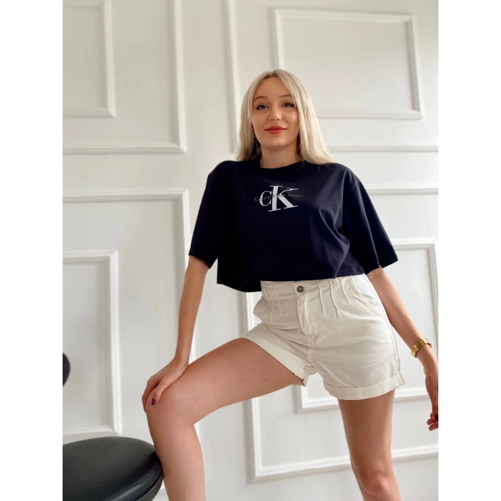 Kadın Oversize Crop Tişört Siyah
