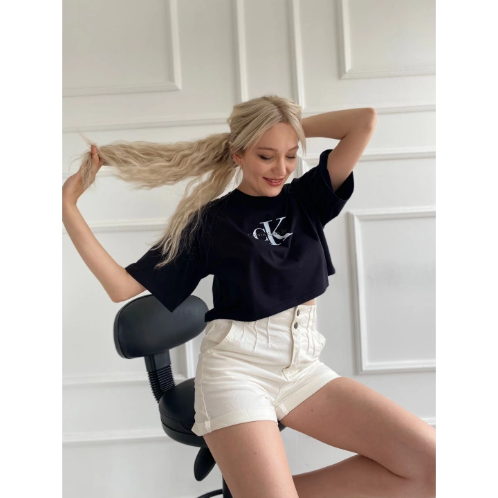 Kadın Oversize Crop Tişört Siyah
