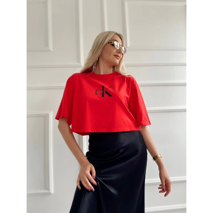 Kadın Oversize Crop Tişört Kırmızı