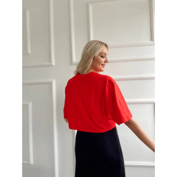 Kadın Oversize Crop Tişört Kırmızı