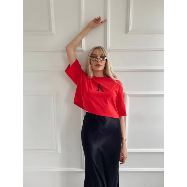 Kadın Oversize Crop Tişört Kırmızı
